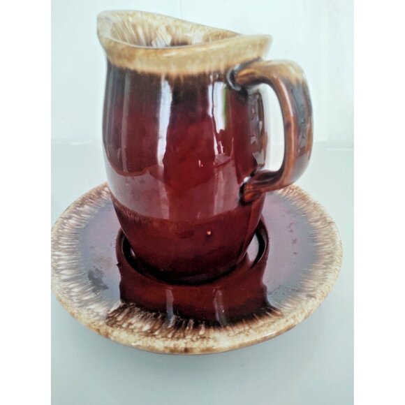 Hull Pottery USA Crestine Pottery Brown Drip Pattern Pitcher & Underplate - Picture 10 of 12